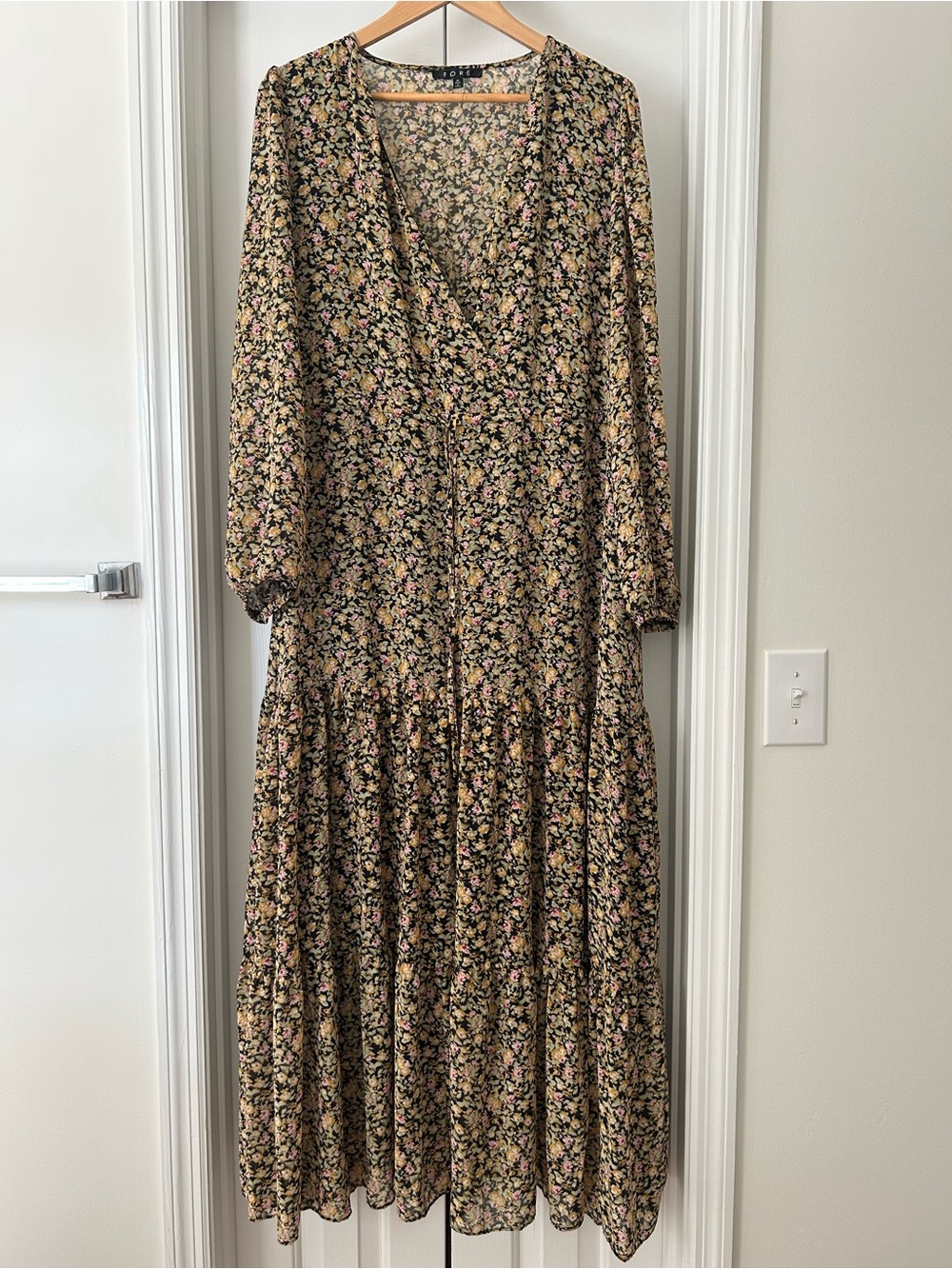 Floral V-Neck Tiered Maxi Dress - Black with Pink, Yellow, Cream Floral